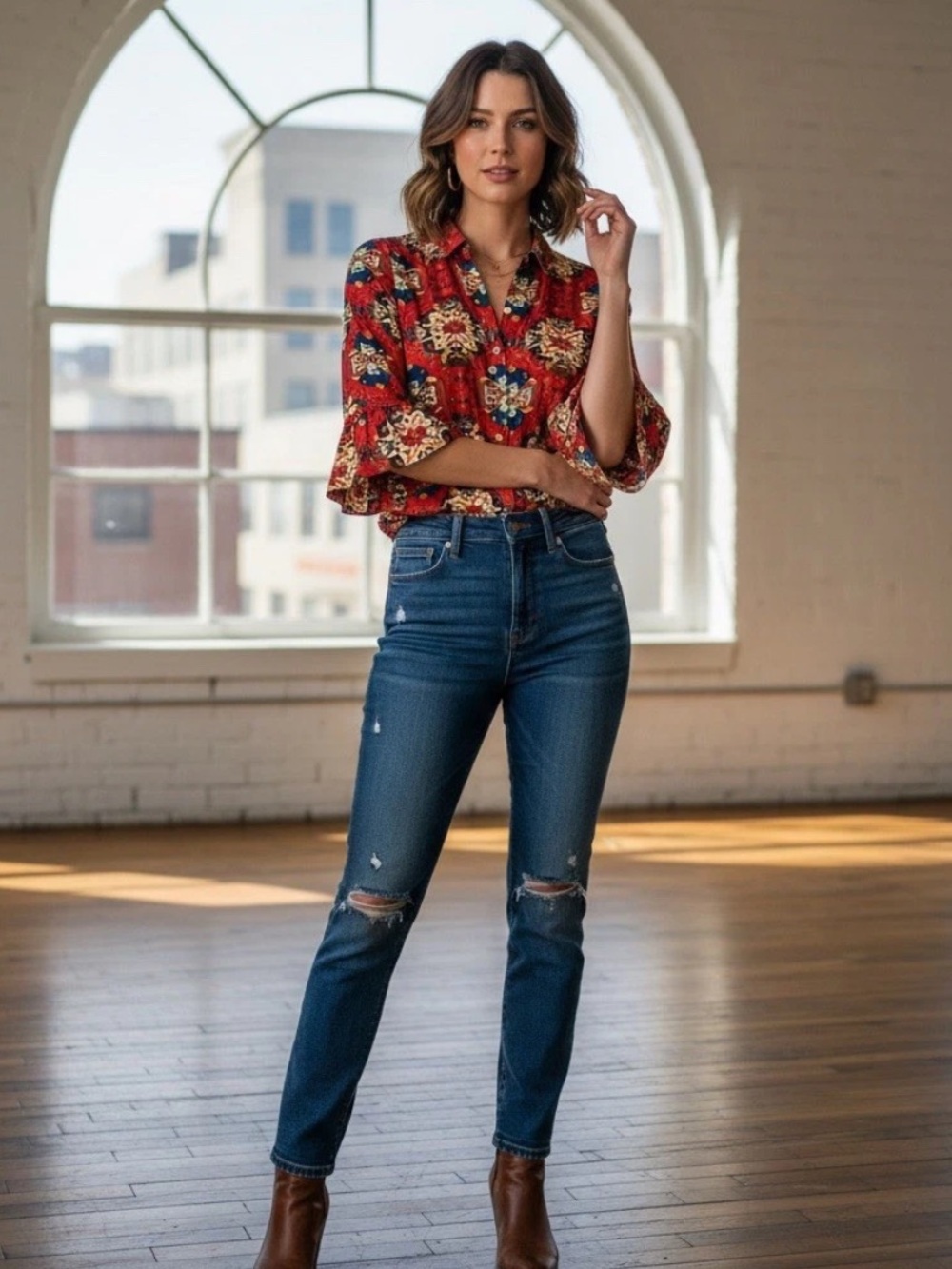 Gretchen Scott Southwestern Aztec Priss Button Down Blouse
